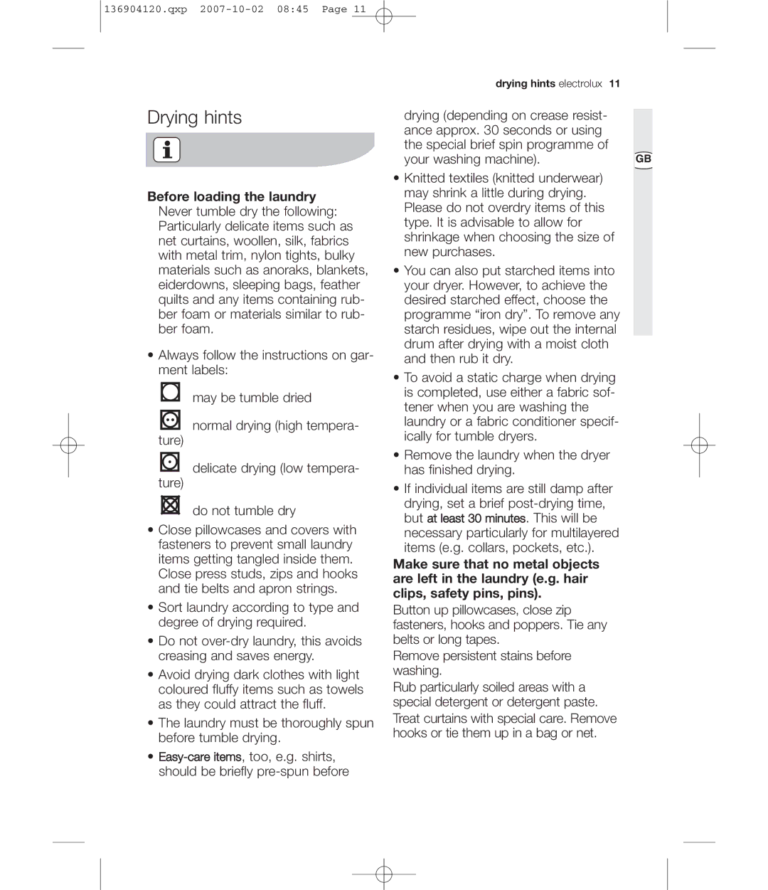 Electrolux EDE 36150W user manual Drying hints 