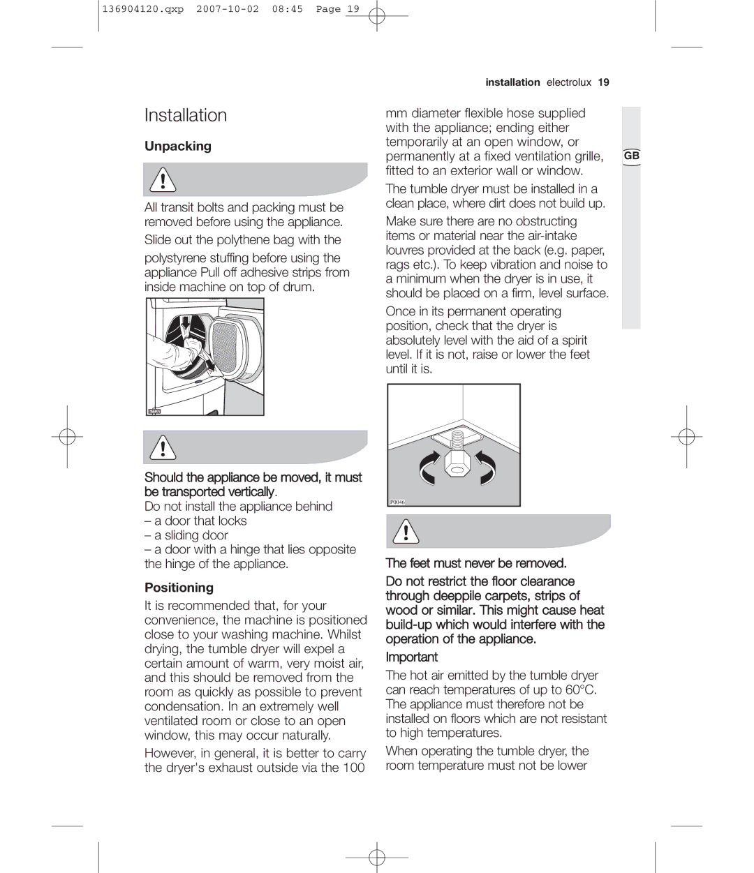 Electrolux EDE 36150W user manual Installation, Unpacking, Positioning 