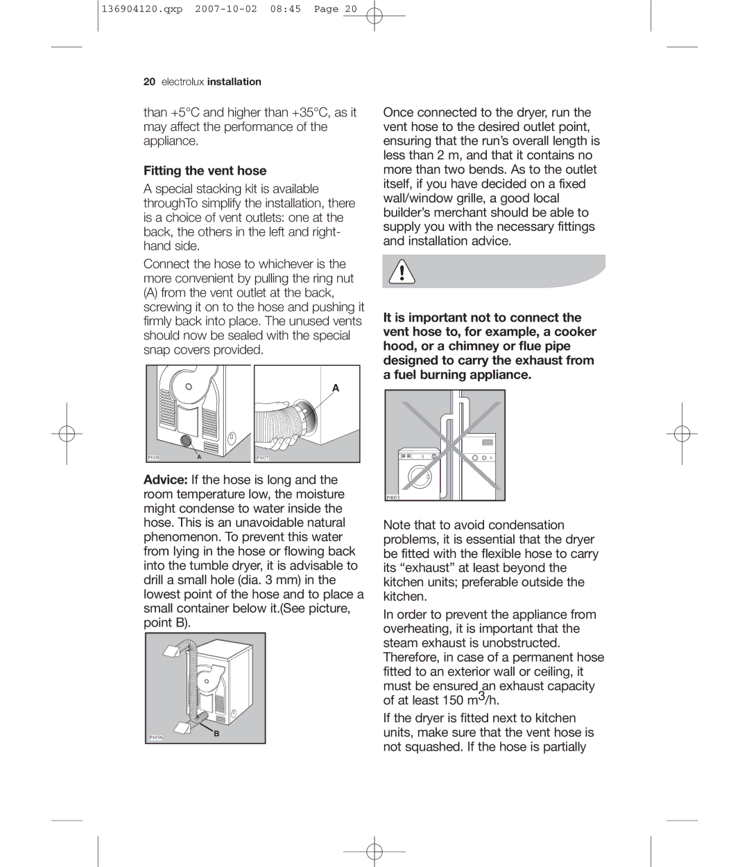 Electrolux EDE 36150W user manual Fitting the vent hose, Fuel burning appliance 