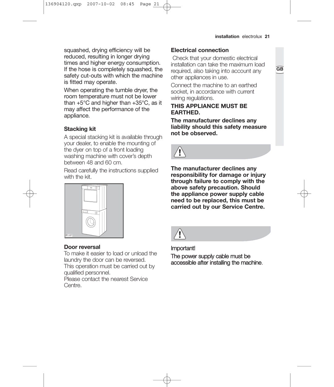 Electrolux EDE 36150W user manual Stacking kit, Electrical connection, Door reversal 