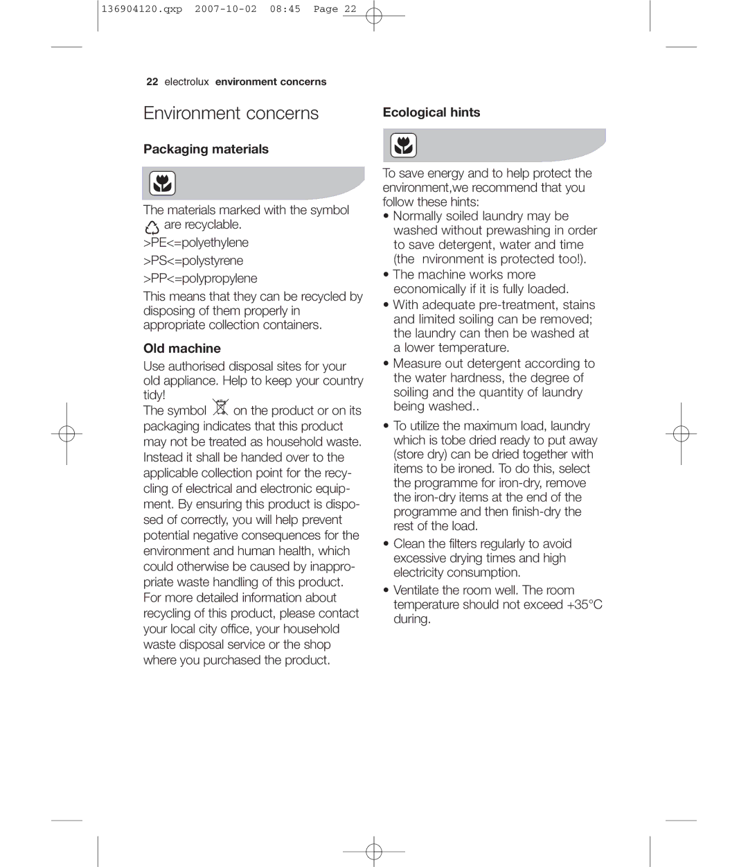 Electrolux EDE 36150W user manual Environment concerns, Packaging materials, Old machine, Ecological hints 