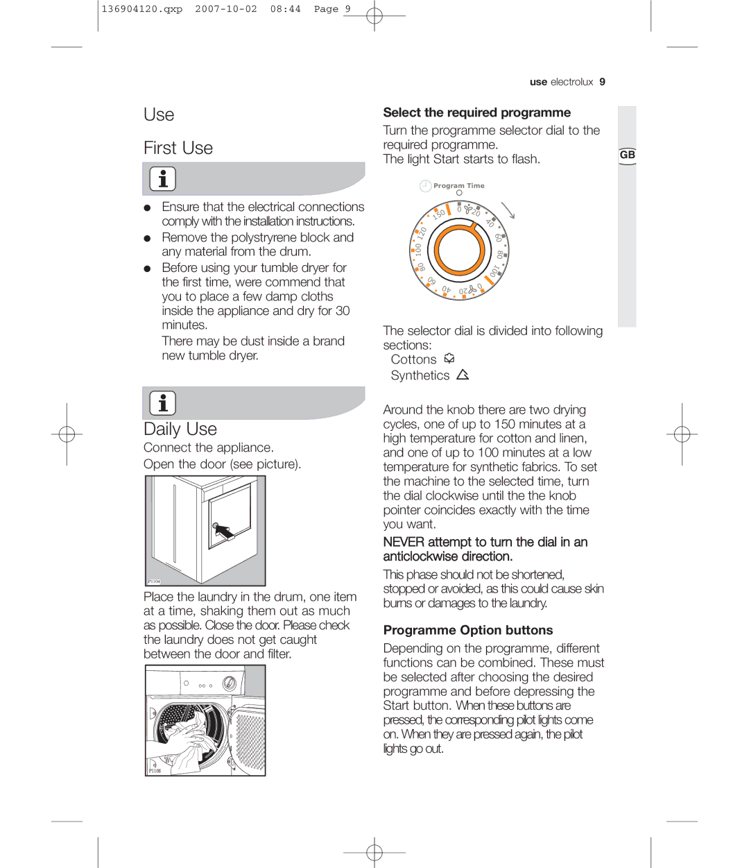 Electrolux EDE 36150W user manual Use First Use, Daily Use, Select the required programme, Programme Option buttons 