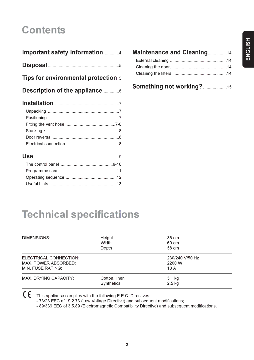 Electrolux EDE 429E manual Contents, Technical specifications 