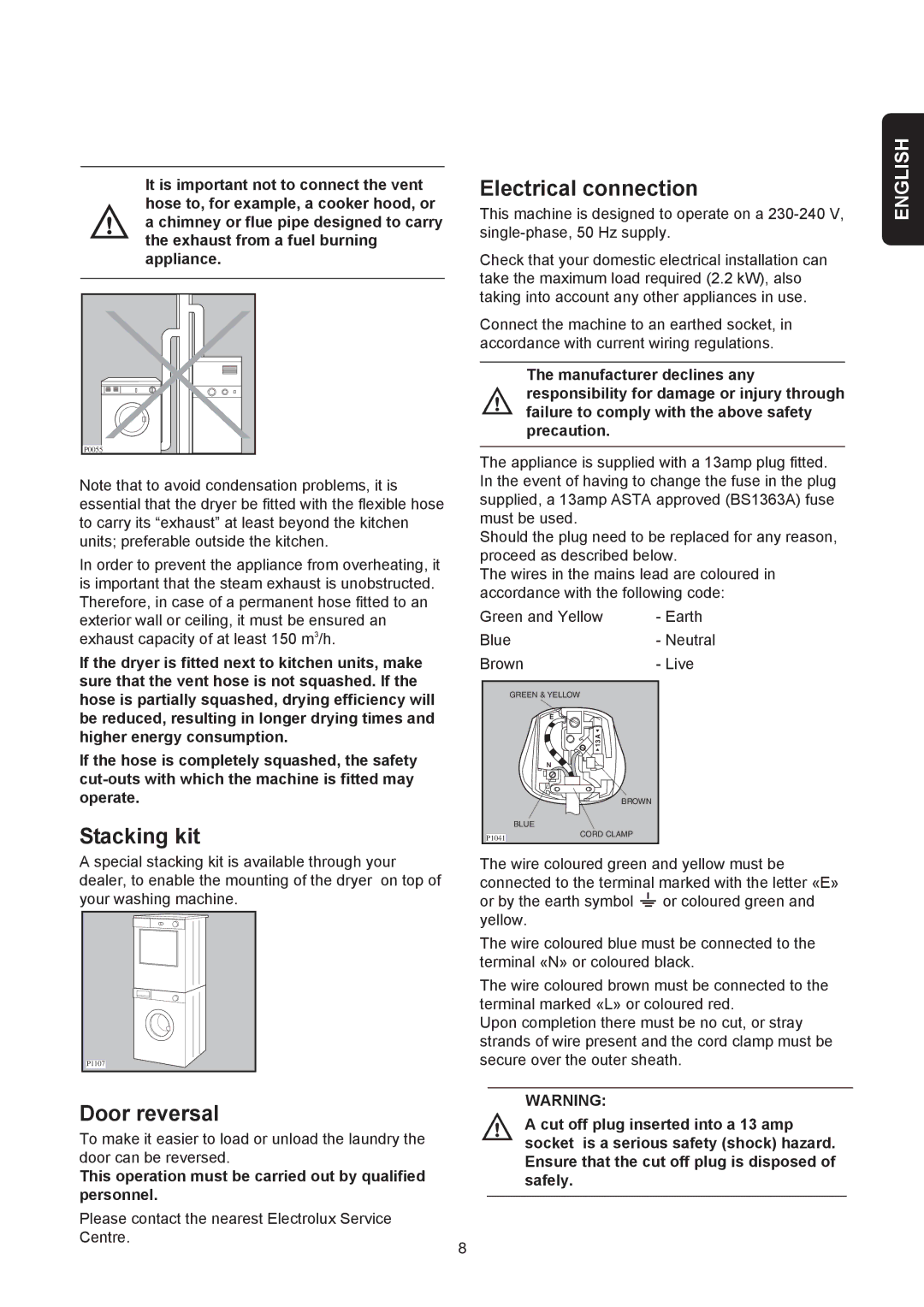 Electrolux EDE 429E manual Stacking kit Electrical connection, Door reversal 