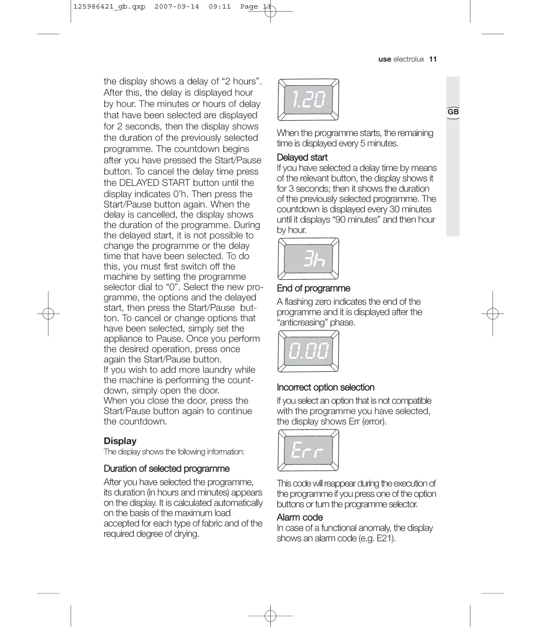 Electrolux EDE 57160W user manual Display, Duration of selected programme 