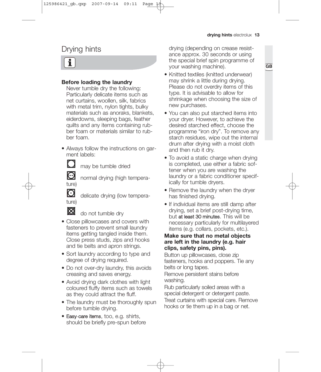 Electrolux EDE 57160W user manual Drying hints 