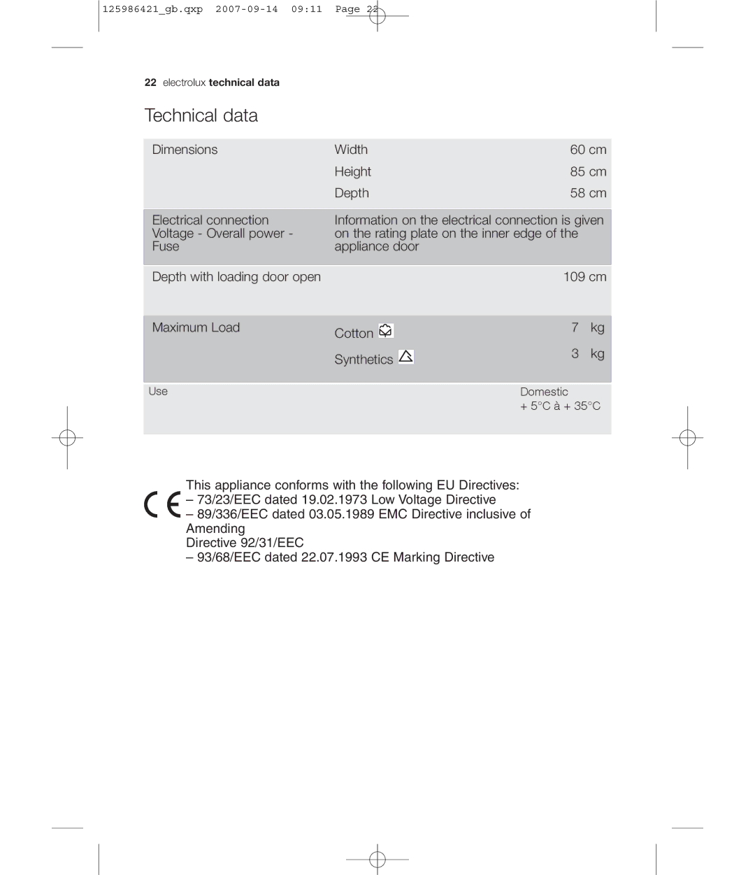 Electrolux EDE 57160W user manual Technical data 