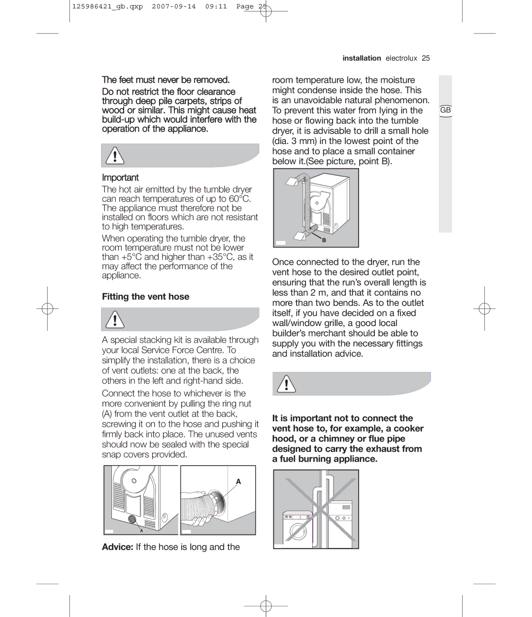 Electrolux EDE 57160W user manual Fitting the vent hose 