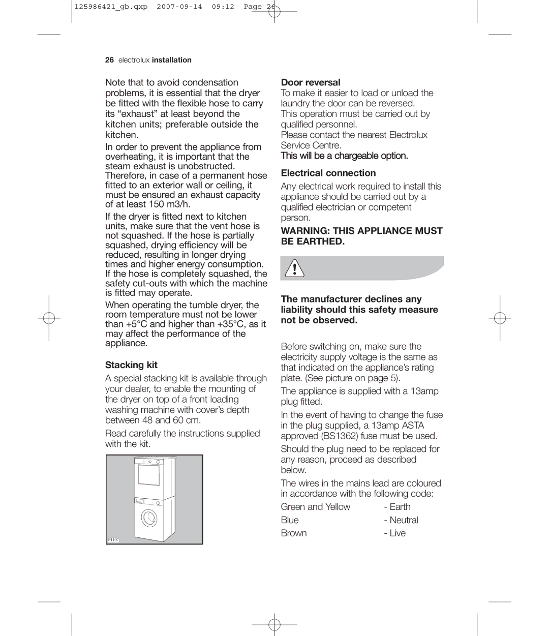 Electrolux EDE 57160W user manual Stacking kit, Door reversal, Electrical connection 