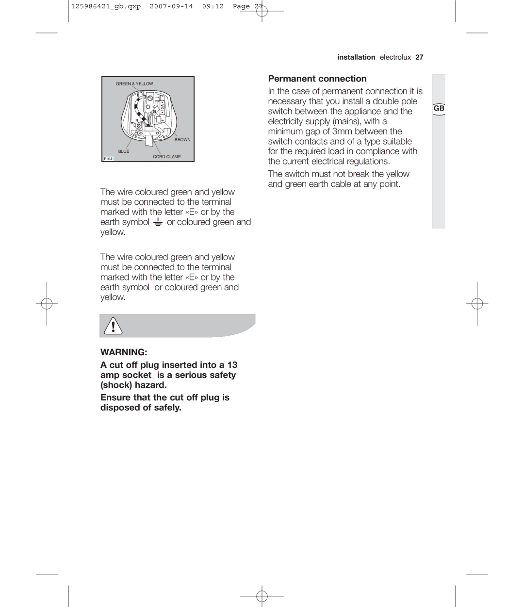 Electrolux EDE 57160W user manual Permanent connection 