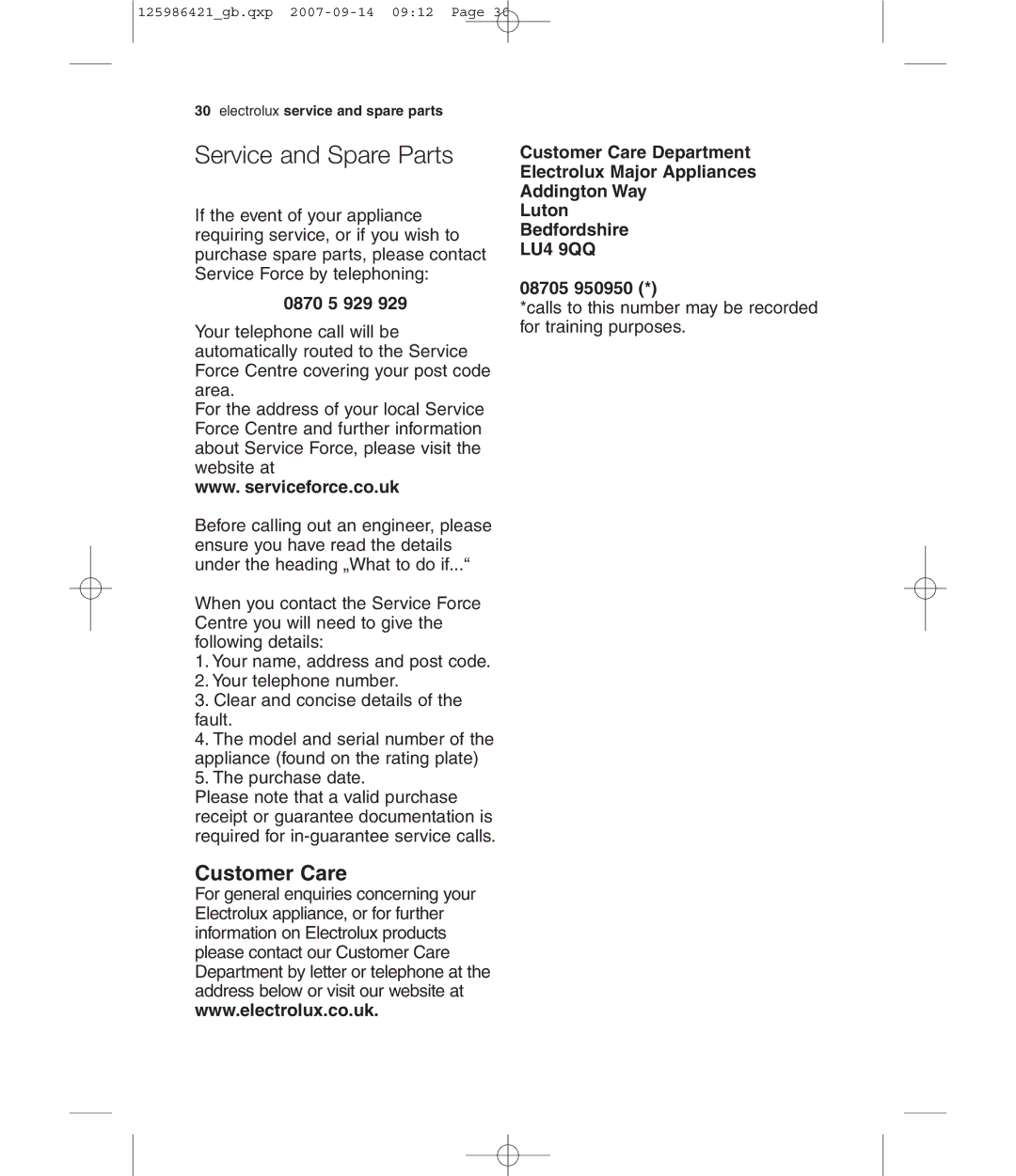 Electrolux EDE 57160W user manual Service and Spare Parts, 0870 5 929 