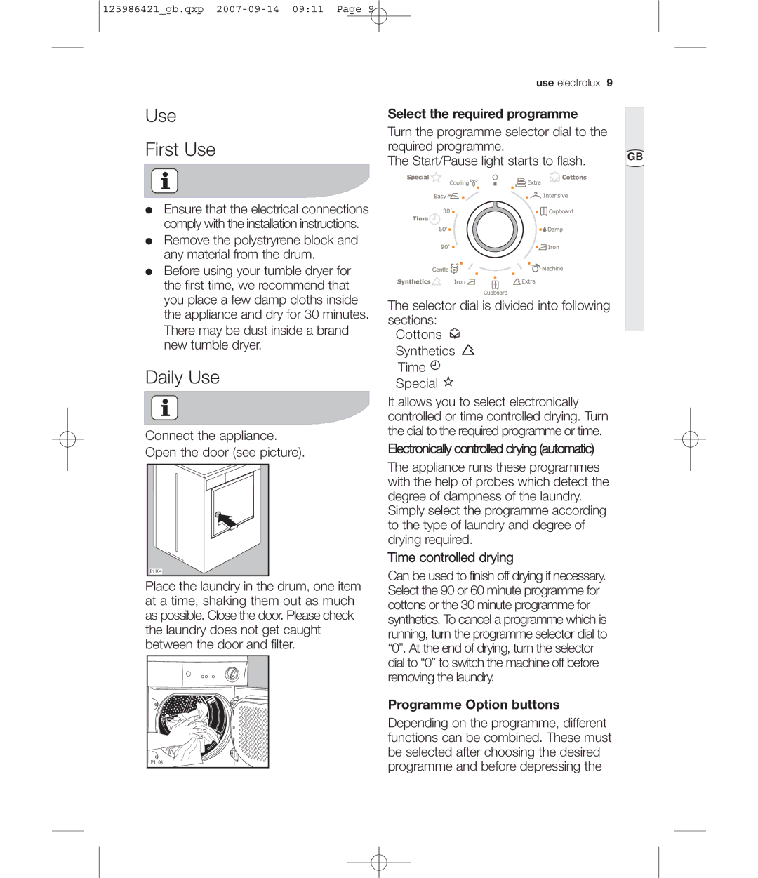 Electrolux EDE 57160W user manual Use First Use, Daily Use, Select the required programme, Programme Option buttons 