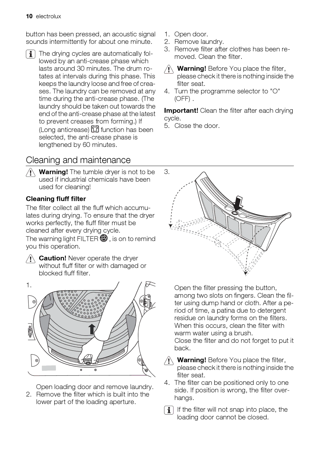 Electrolux EDE 77550W user manual Cleaning and maintenance, Cleaning fluff filter 