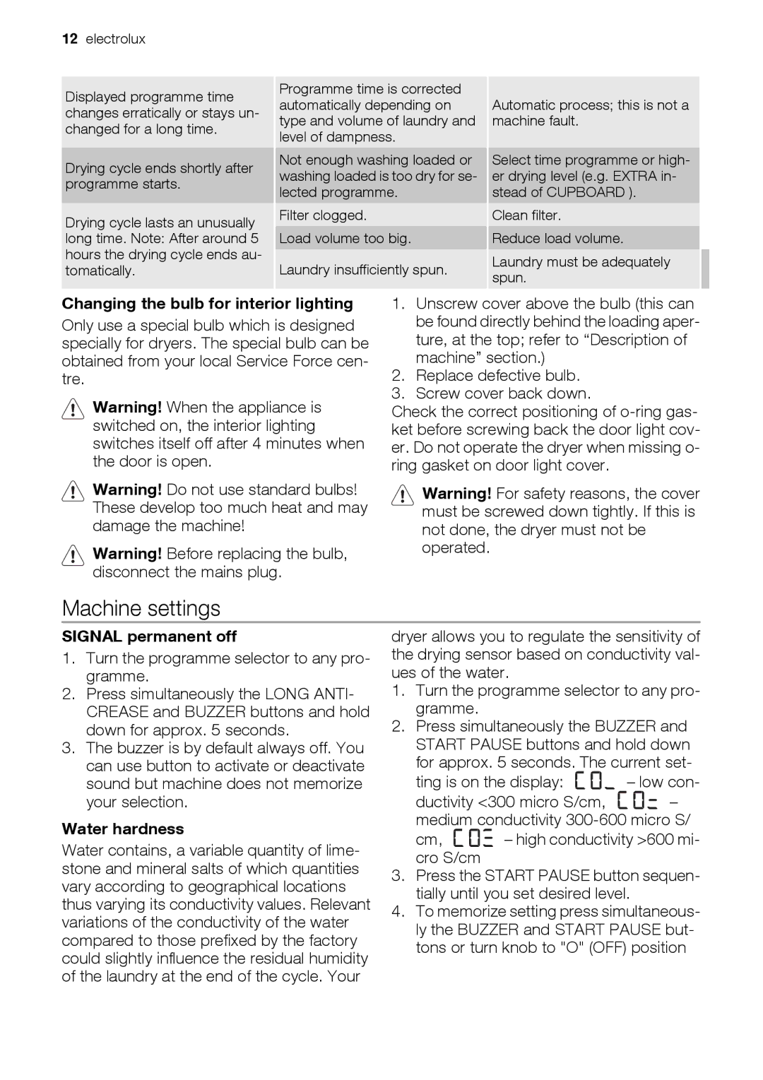 Electrolux EDE 77550W Machine settings, Changing the bulb for interior lighting, Signal permanent off, Water hardness 