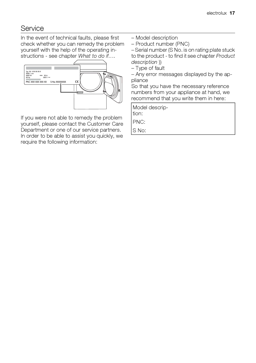 Electrolux EDE 77550W user manual Service, Model descrip- tion 