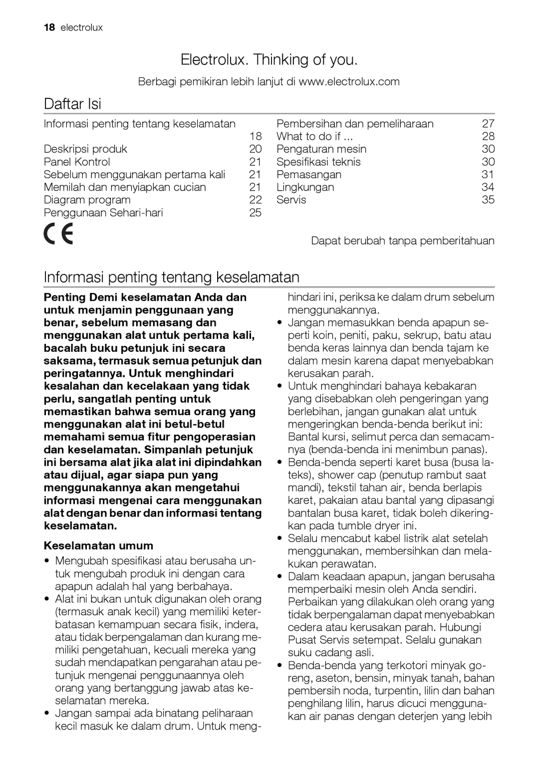 Electrolux EDE 77550W user manual Electrolux. Thinking of you Daftar Isi, Informasi penting tentang keselamatan 