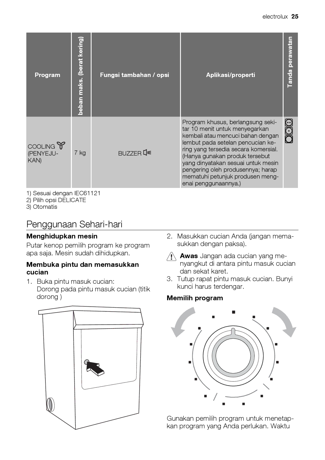 Electrolux EDE 77550W Penggunaan Sehari-hari, Menghidupkan mesin, Membuka pintu dan memasukkan cucian, Memilih program 