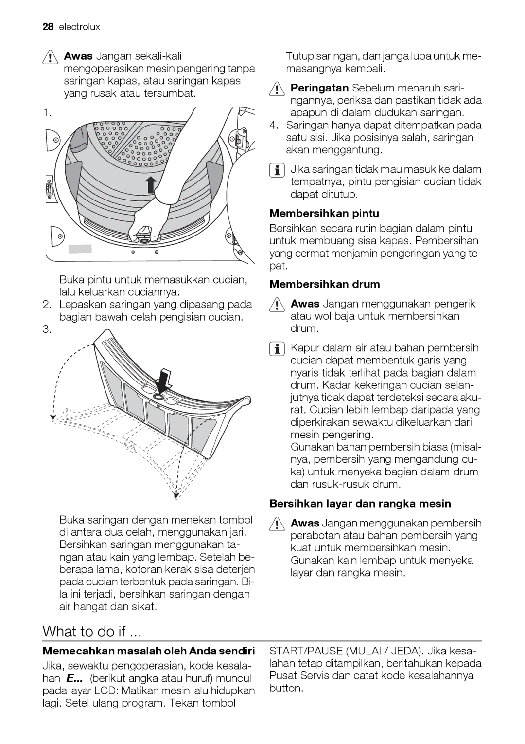 Electrolux EDE 77550W user manual Membersihkan pintu, Membersihkan drum, Bersihkan layar dan rangka mesin 