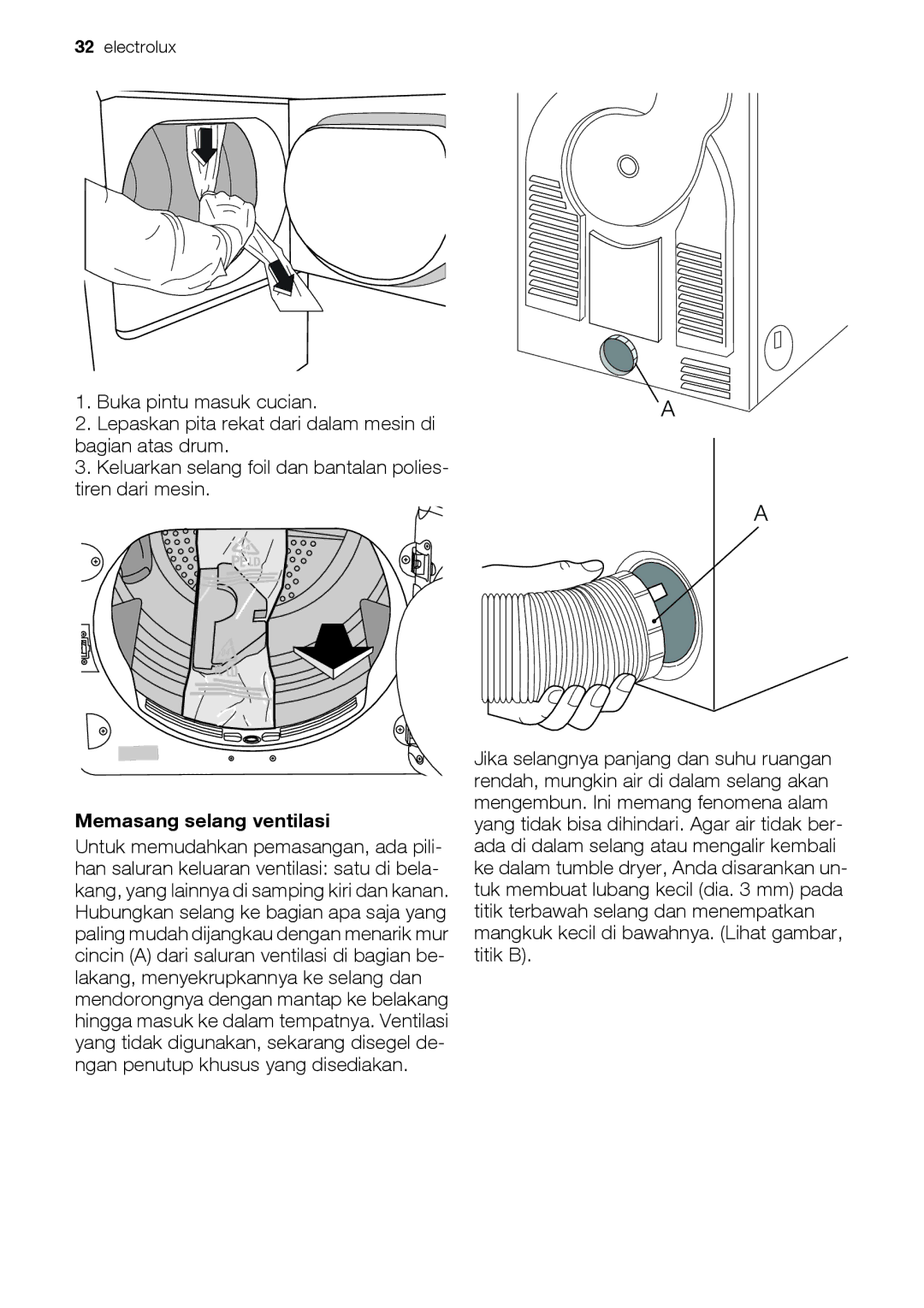 Electrolux EDE 77550W user manual Memasang selang ventilasi 