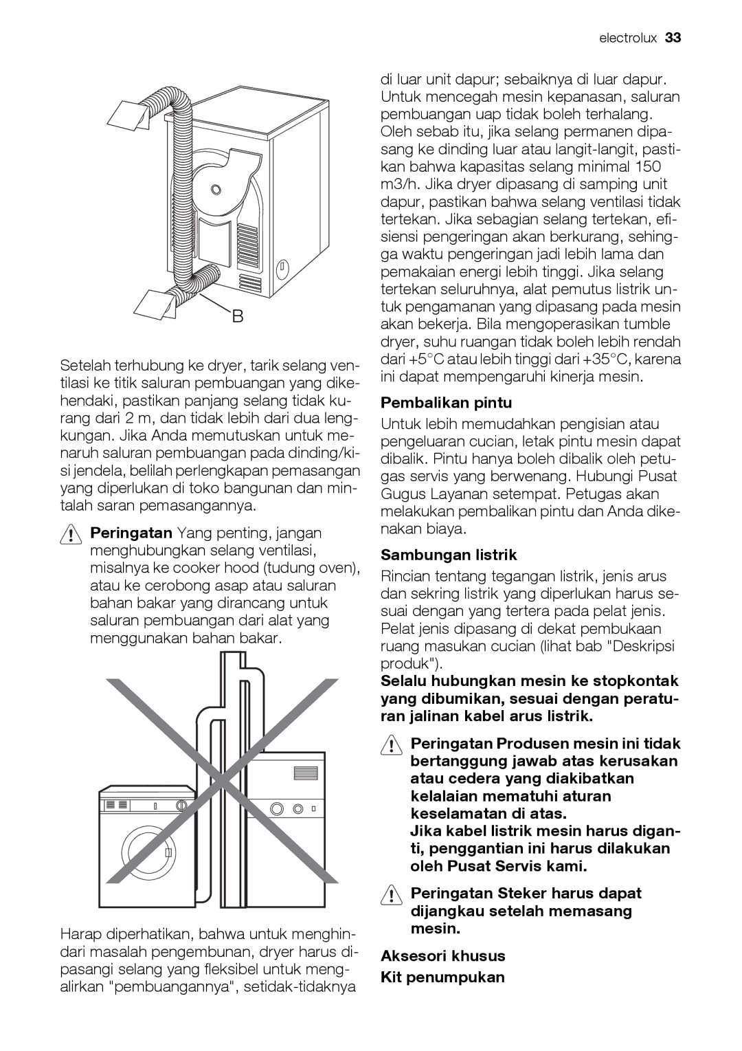 Electrolux EDE 77550W user manual Pembalikan pintu, Sambungan listrik 