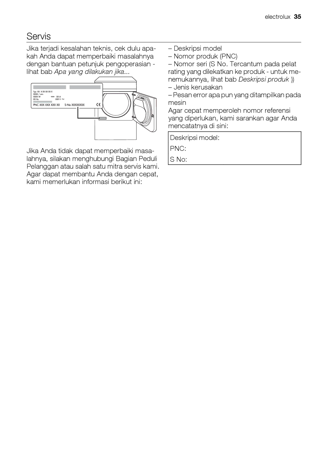 Electrolux EDE 77550W user manual Servis, Deskripsi model Nomor produk PNC 