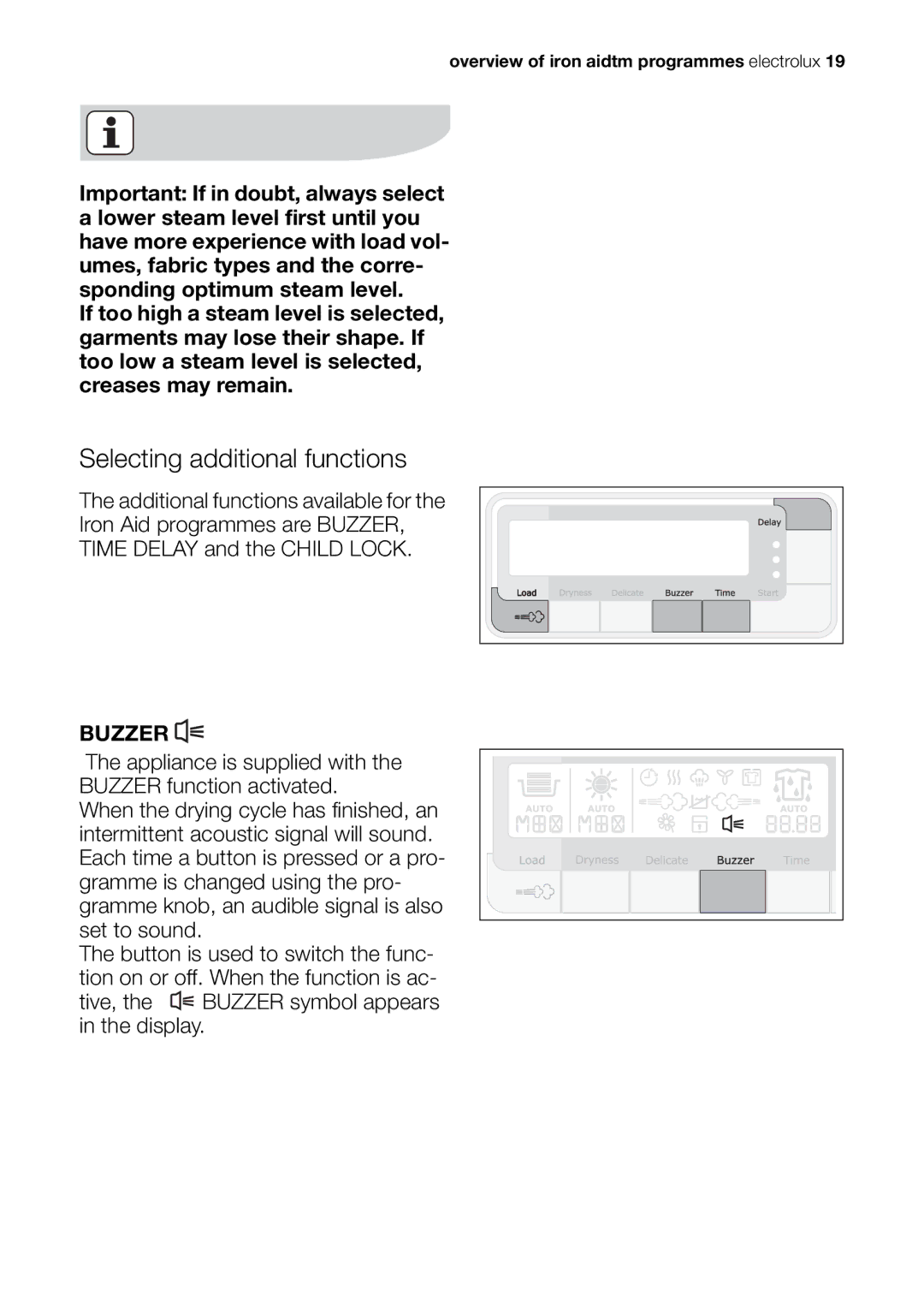 Electrolux EDI 96150 W user manual Selecting additional functions, Buzzer 