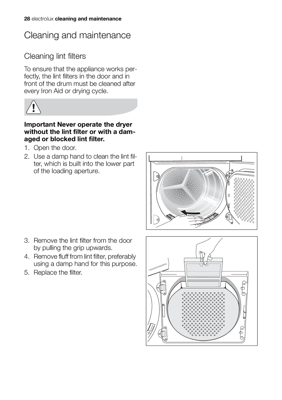 Electrolux EDI 96150 W user manual Cleaning and maintenance, Cleaning lint filters 