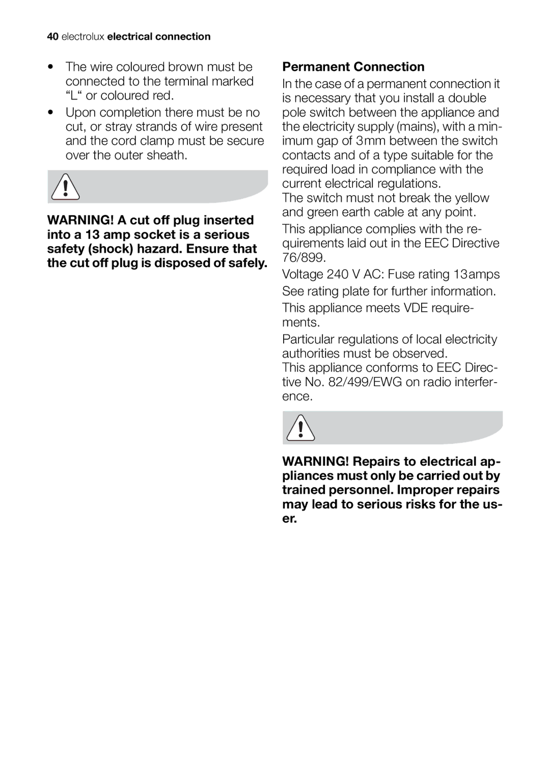 Electrolux EDI 96150 W user manual Electrolux electrical connection 