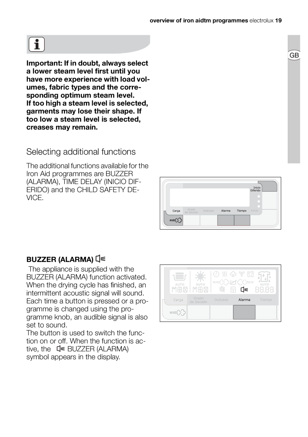 Electrolux EDI 96150 user manual Selecting additional functions, Buzzer Alarma 