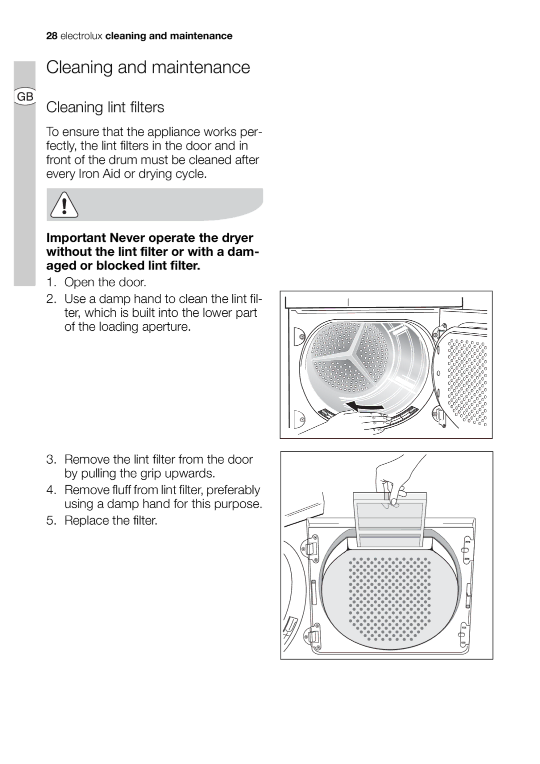 Electrolux EDI 96150 user manual Cleaning and maintenance, Cleaning lint filters 