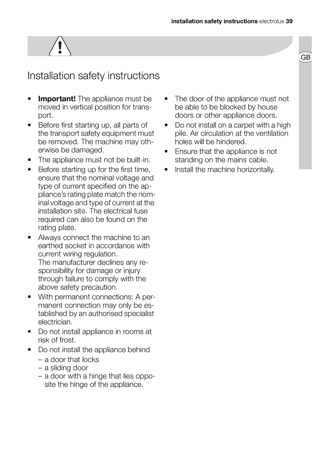 Electrolux EDI 96150 user manual Installation safety instructions 