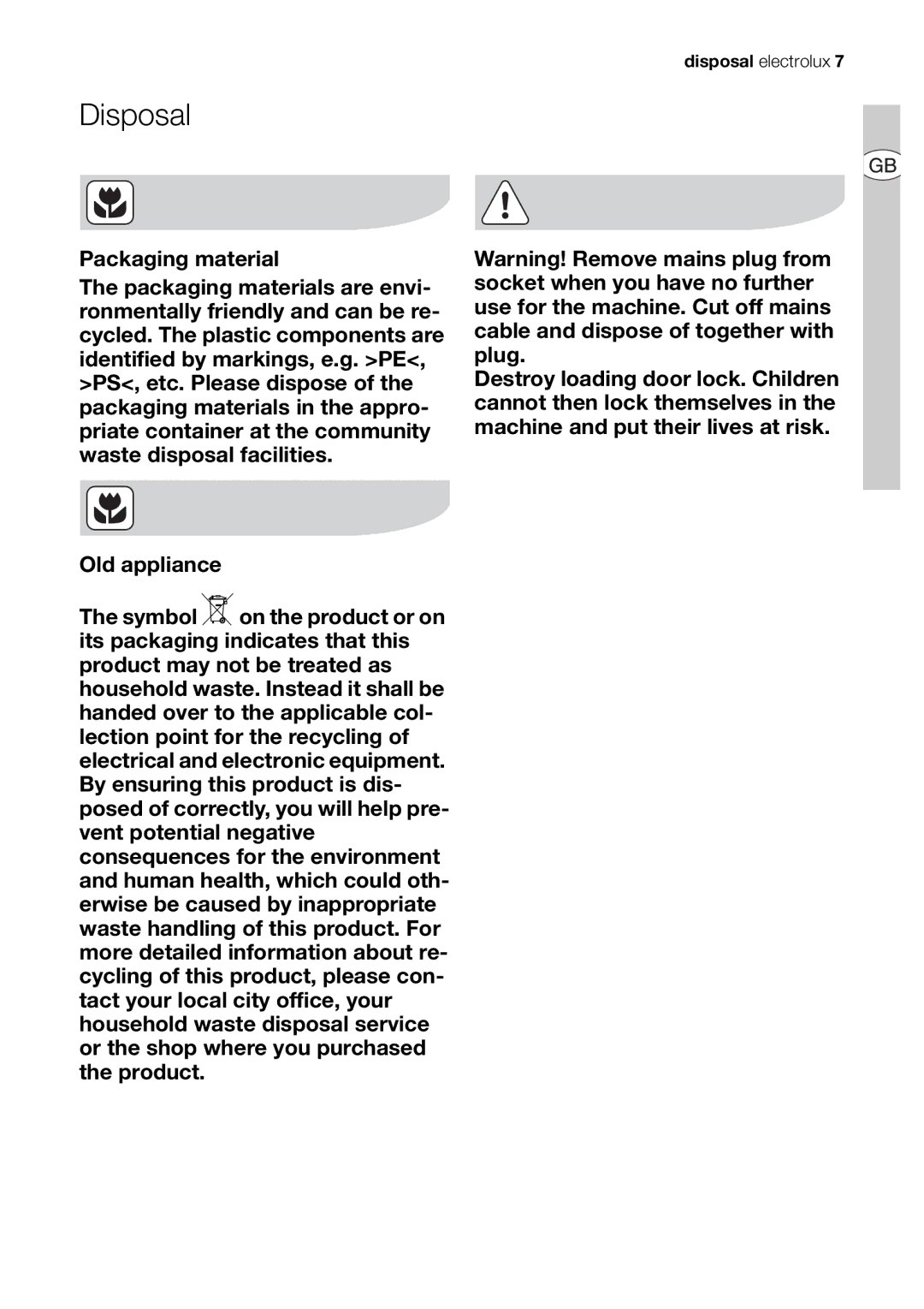 Electrolux EDI 96150 user manual Disposal 