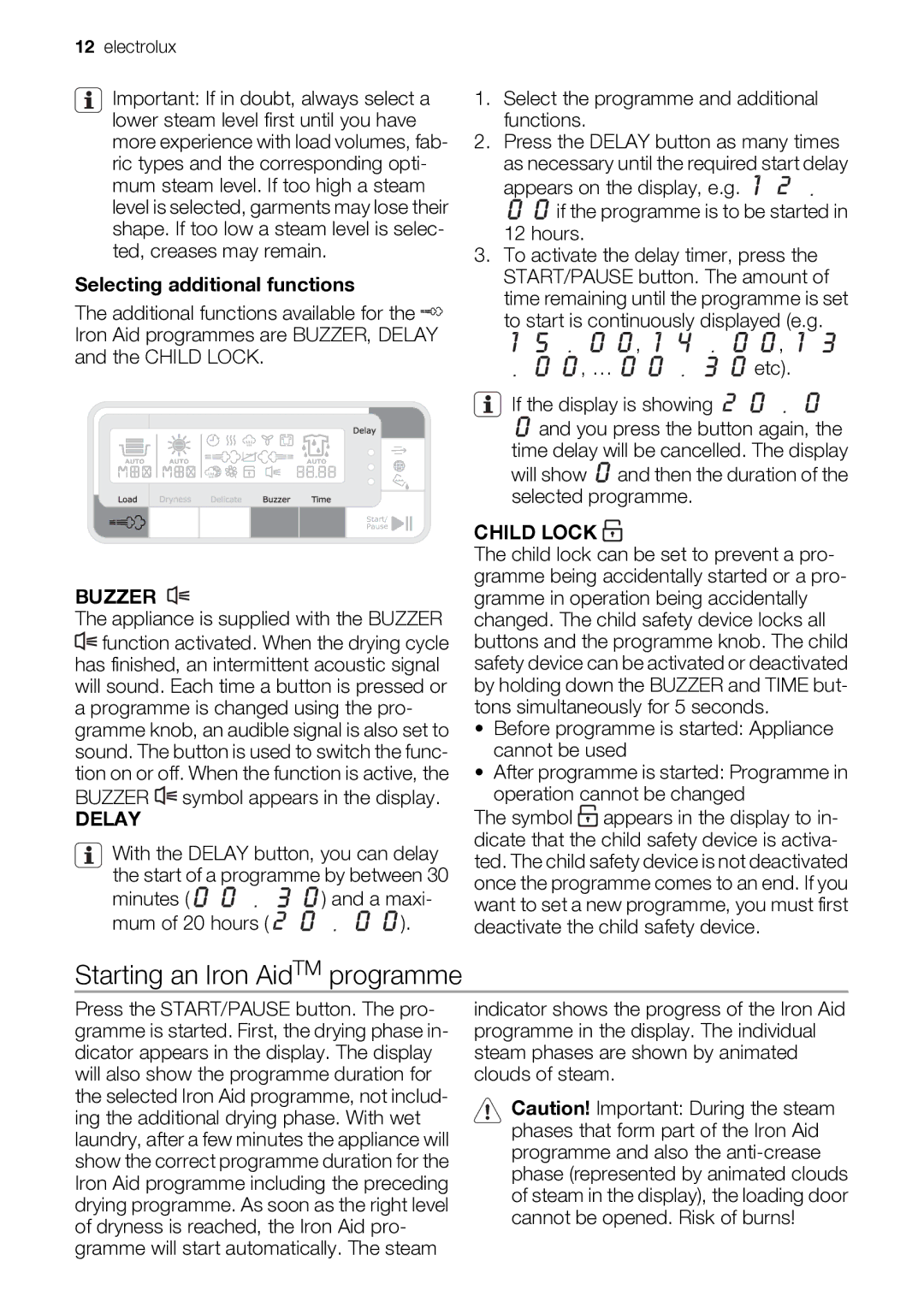 Electrolux EDI97170W user manual Starting an Iron AidTM programme, Selecting additional functions 