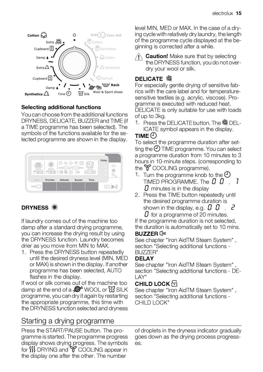 Electrolux EDI97170W user manual Starting a drying programme, Dryness 