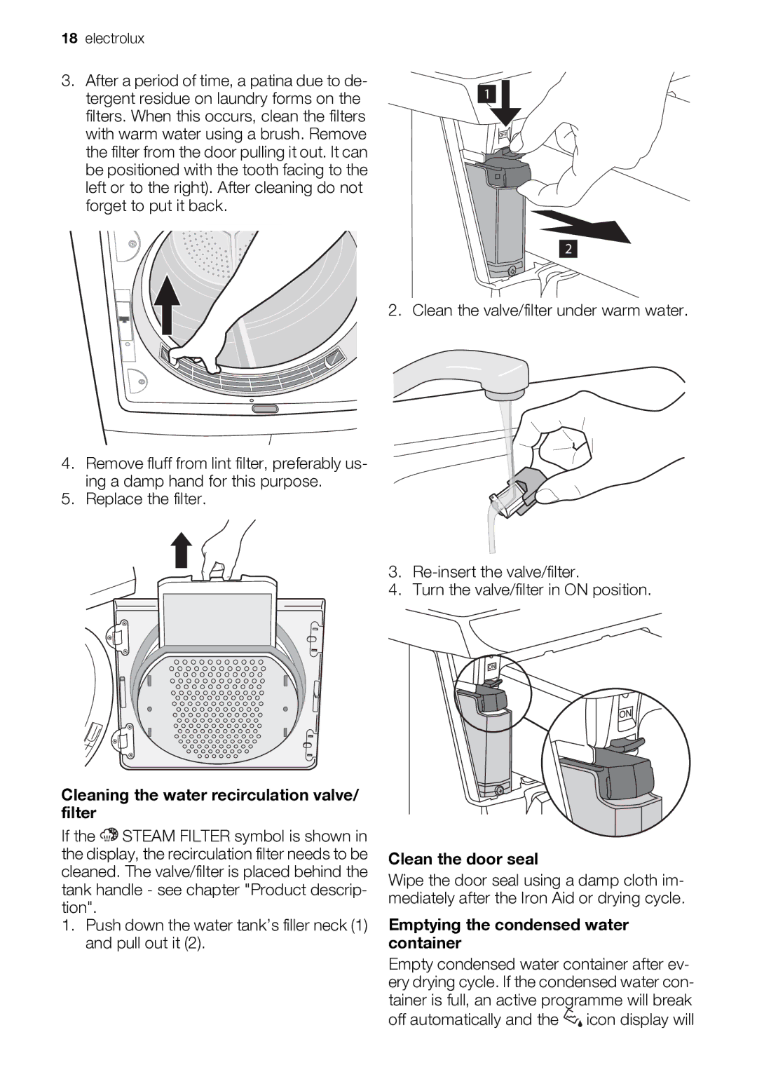 Electrolux EDI97170W user manual Cleaning the water recirculation valve/ filter, Clean the door seal 