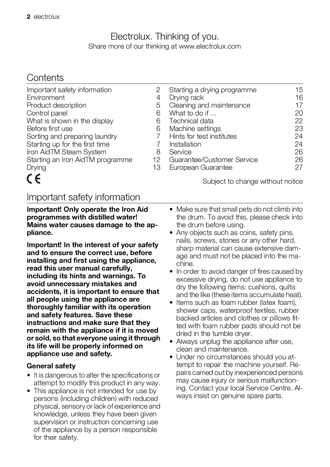 Electrolux EDI97170W user manual Electrolux. Thinking of you Contents, Important safety information 