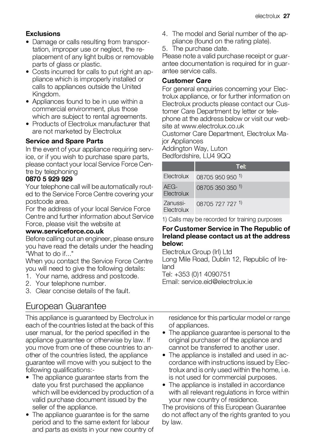 Electrolux EDI97170W user manual European Guarantee, Exclusions, Service and Spare Parts, 0870 5 929, Customer Care 