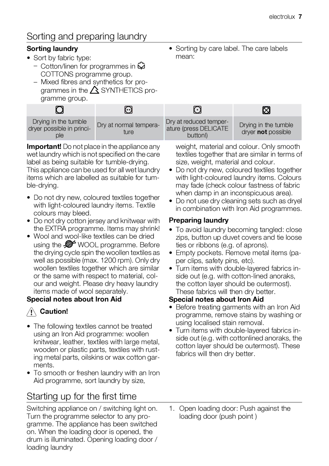 Electrolux EDI97170W Sorting and preparing laundry, Starting up for the first time, Sorting laundry, Preparing laundry 