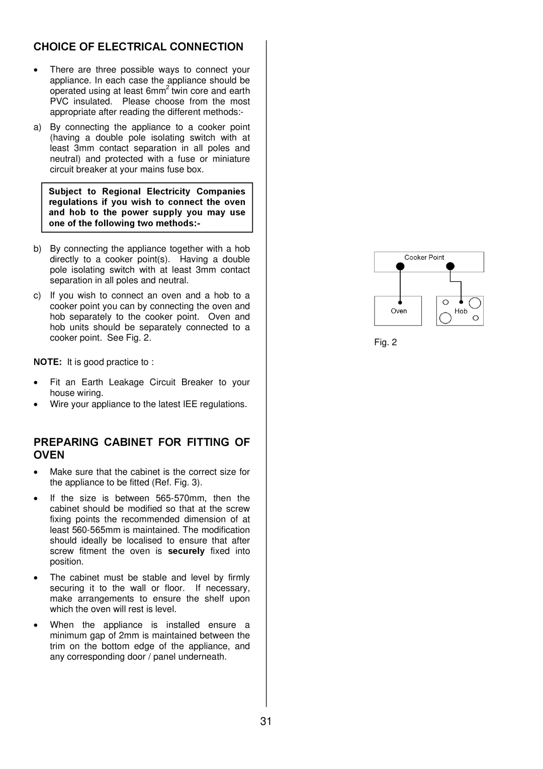 Electrolux EDOM manual Choice of Electrical Connection, Preparing Cabinet for Fitting of Oven 