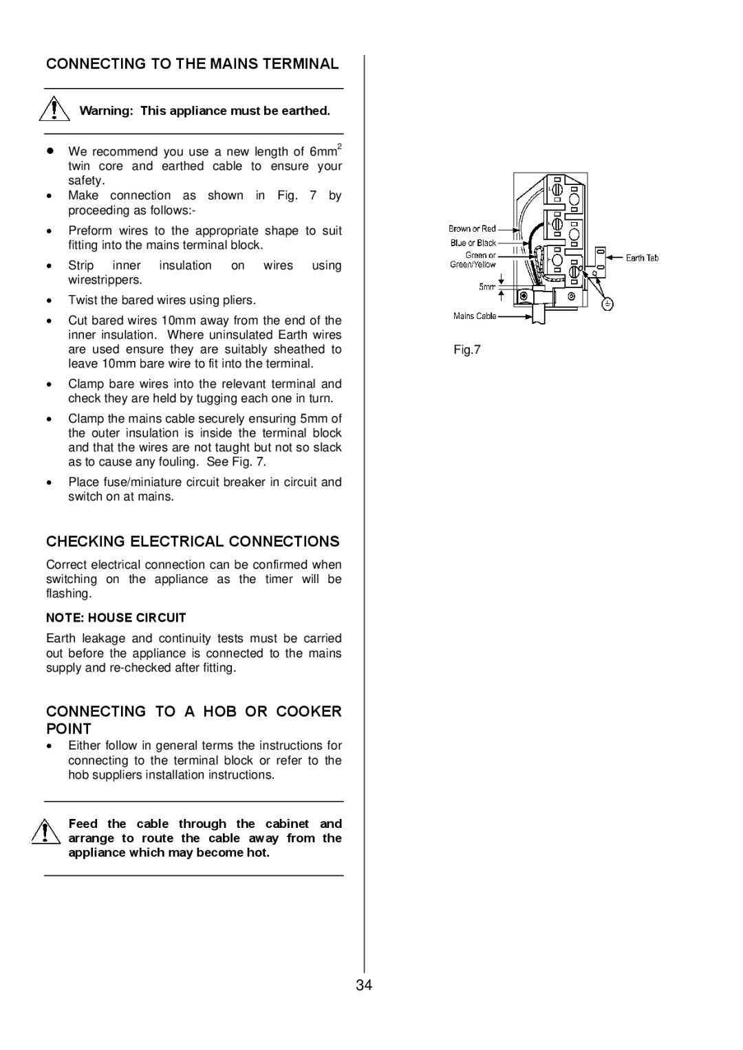 Electrolux EDOM Connecting to the Mains Terminal, Checking Electrical Connections, Connecting to a HOB or Cooker Point 