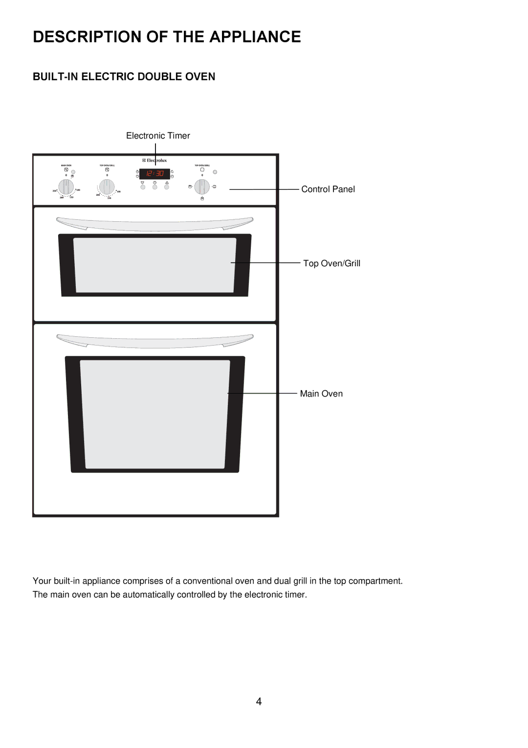 Electrolux EDOM manual Description of the Appliance, BUILT-IN Electric Double Oven 