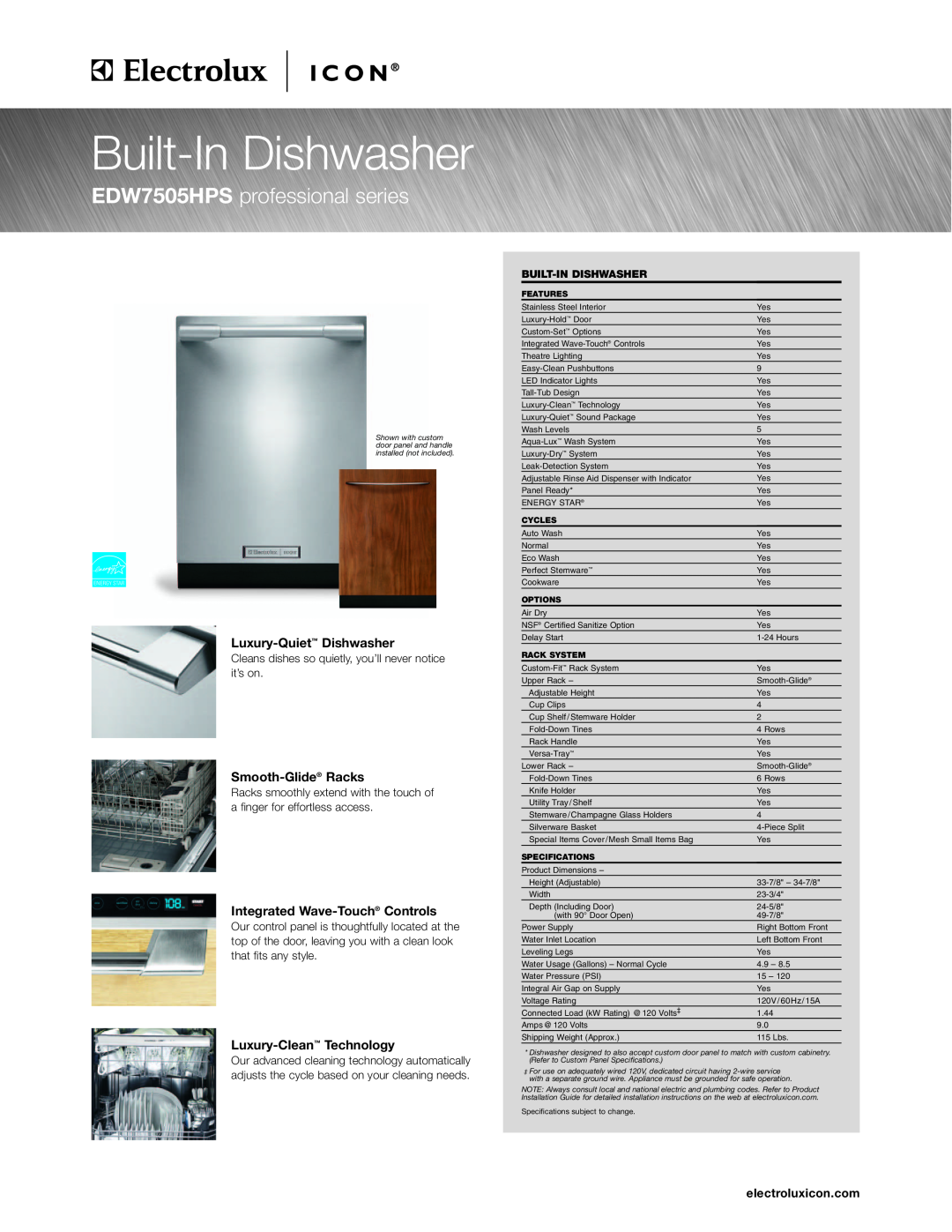 Electrolux specifications electroluxicon.com, Built-In Dishwasher, EDW7505HPS professional series, Smooth-Glide Racks 