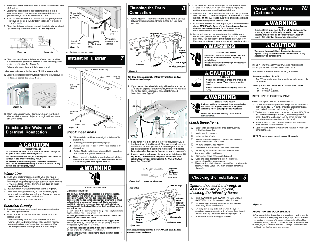 Electrolux EDW7505HSS Finishing the Water and 6 Electrical Connection, Installation Diagram, Checking the Installation 