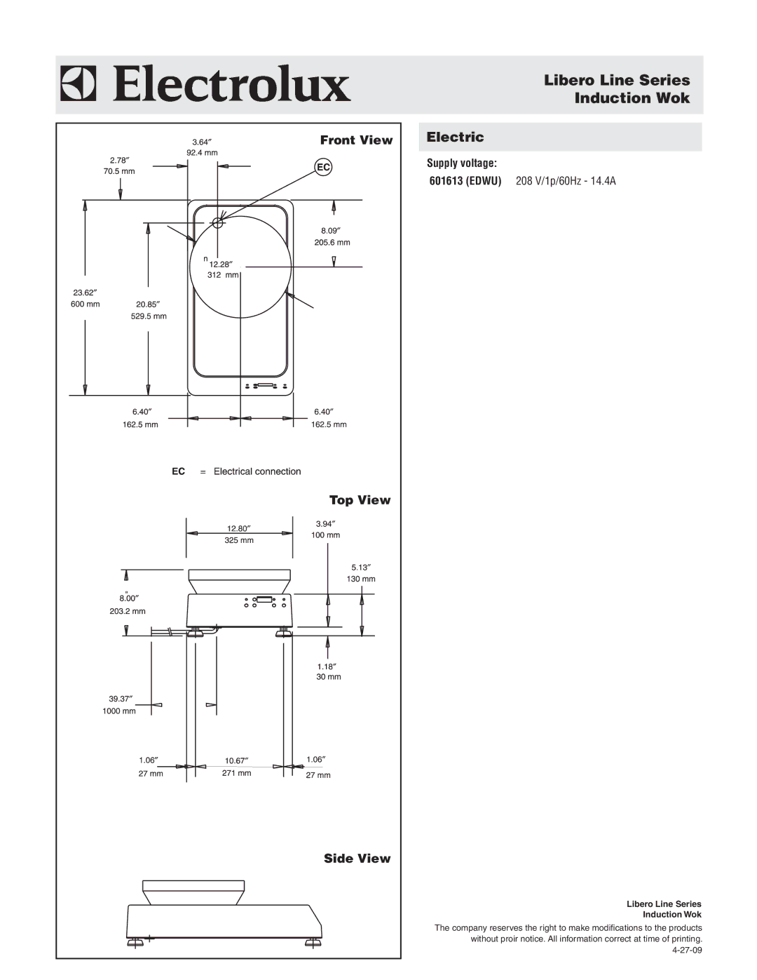 Electrolux EDWU, 601613 Libero Line Series Induction Wok, Front View, Top View, Side View, Edwu 208 V/1p/60Hz 14.4A 