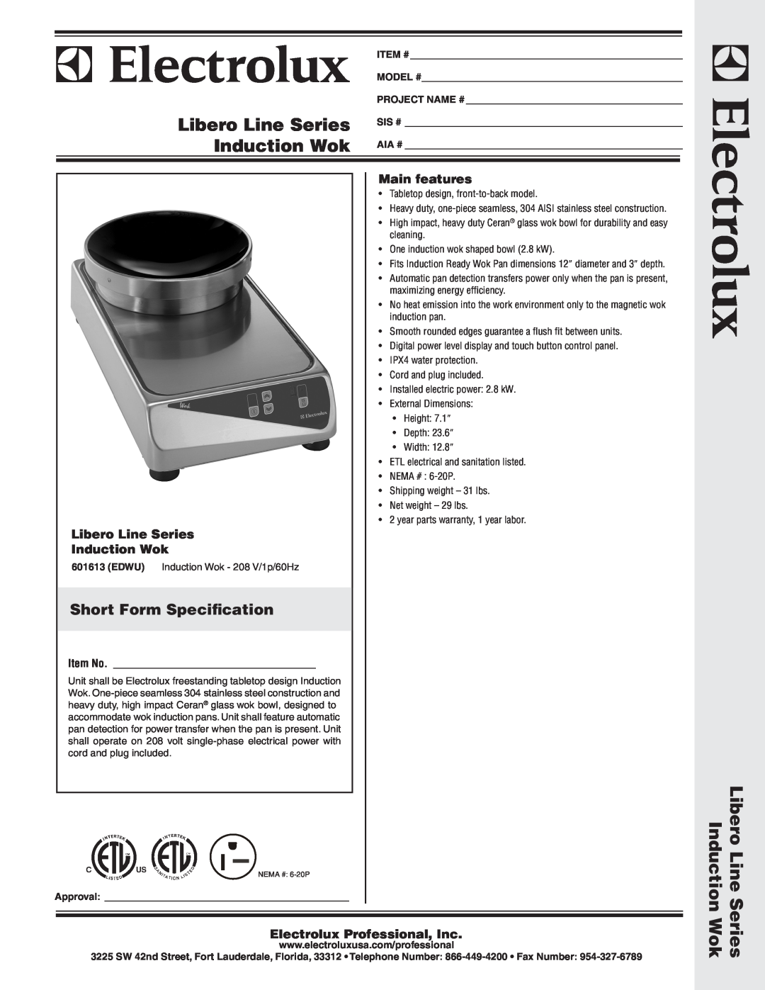 Electrolux 601613 dimensions Short Form Specification, Main features, Libero Line Series, Induction Wok, Item No, Edwu 