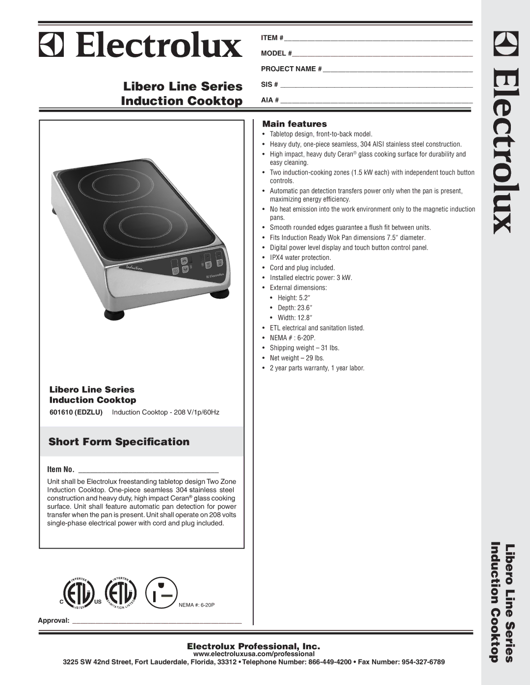 Electrolux 601610, EDZLU dimensions Libero Line Series Induction Cooktop, Short Form Specification 