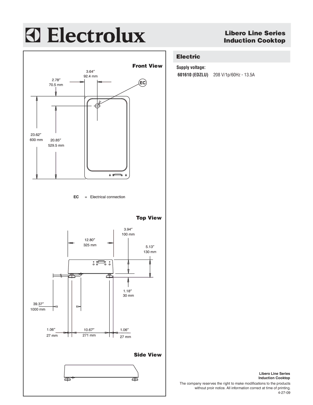 Electrolux EDZLU, 601610 Libero Line Series Induction Cooktop, Front View, Top View, Side View, Edzlu 208 V/1p/60Hz 13.5A 