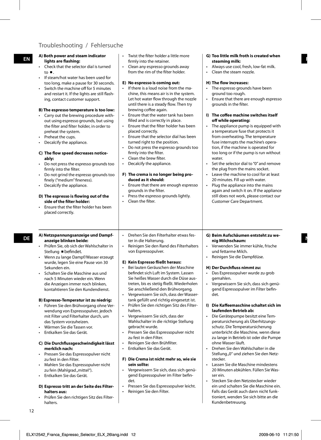 Electrolux EEA250 manual Troubleshooting / Fehlersuche 