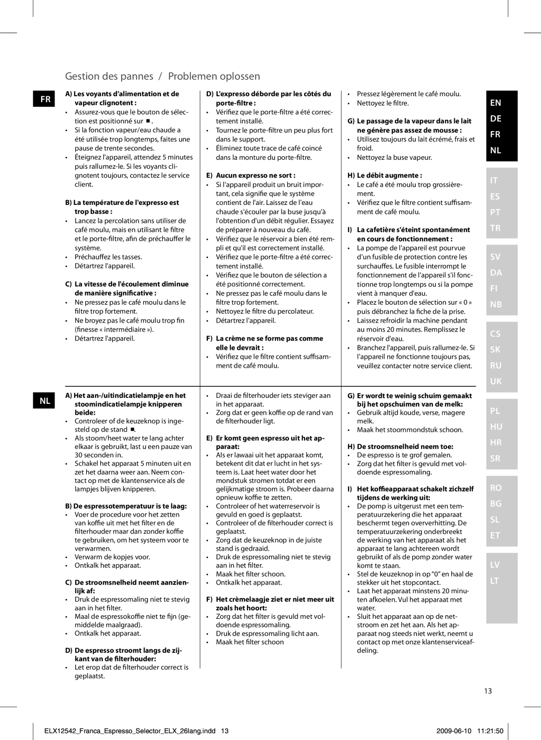 Electrolux EEA250 manual Gestion des pannes / Problemen oplossen 