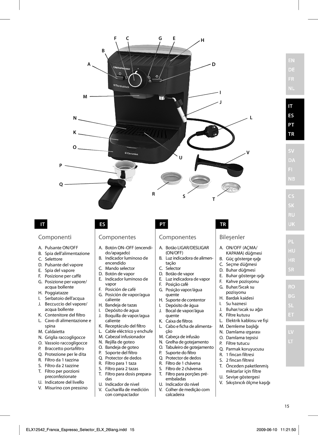 Electrolux EEA250 manual Componenti, Componentes, Bileşenler, Poggiatazze Serbatoio dellacqua 